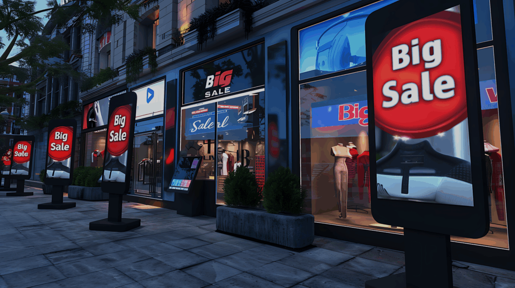 vitrine de magasin avec panneaux publicitaires