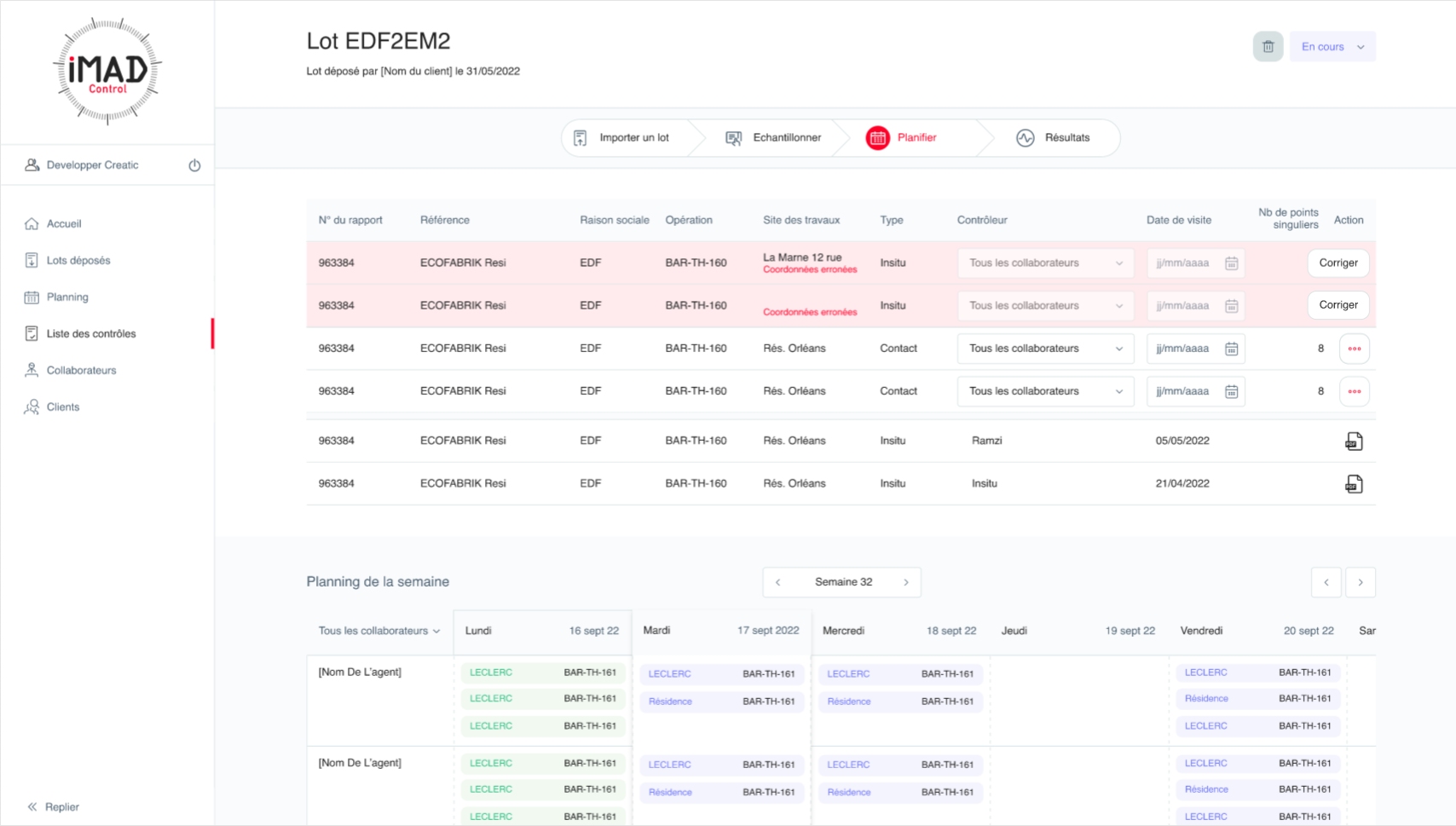 Vue de l'écran de plannification des contrôles