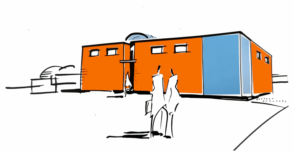 Dessin du bâtiment de Creatic, batiment orange avec un coin bleu et des personnes dans le parking