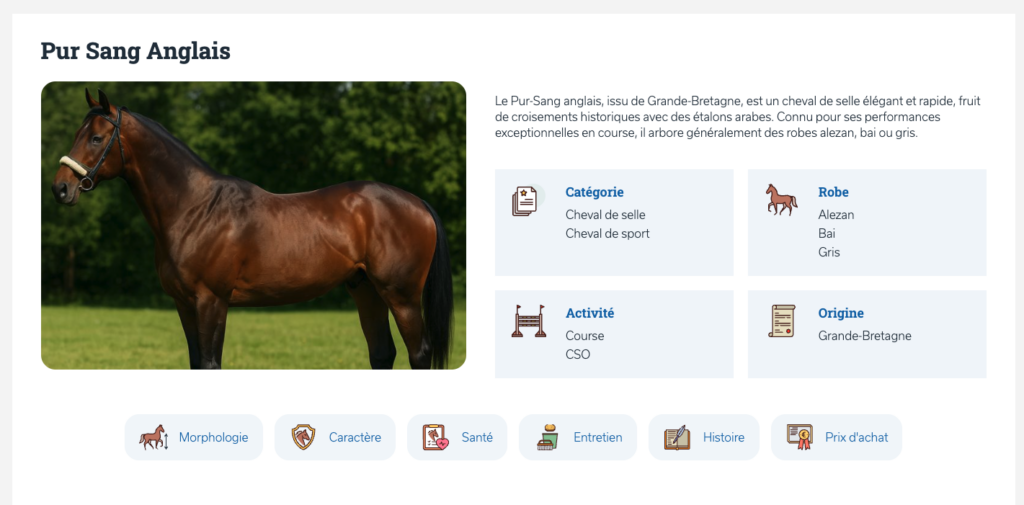 Capture d'écran du détail d'une race de chevaux du site Equidassur