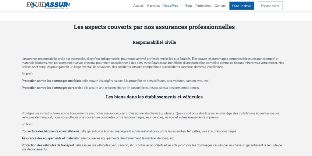 Capture d'écran d'une page assurance du site Equidassur
